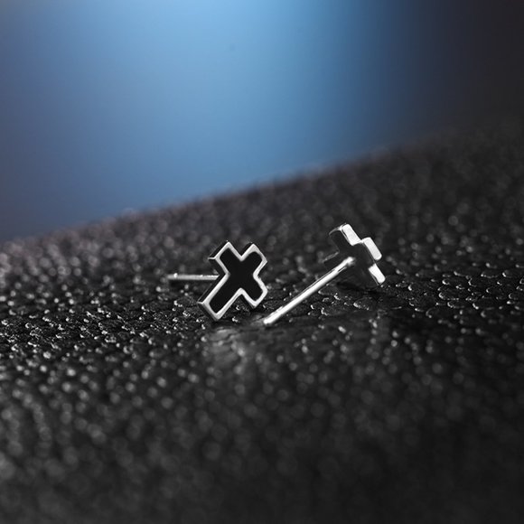 Black Cross Stud Earrings - Picture 3 of 10